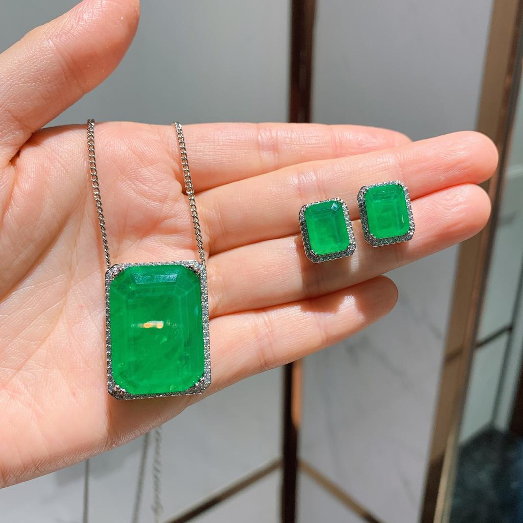Jewelry Retro Style Diamond-Set Imitation Emerald Pendant Rectangular 20 * 28 Large Pendant Stud Earrings 9 * 12