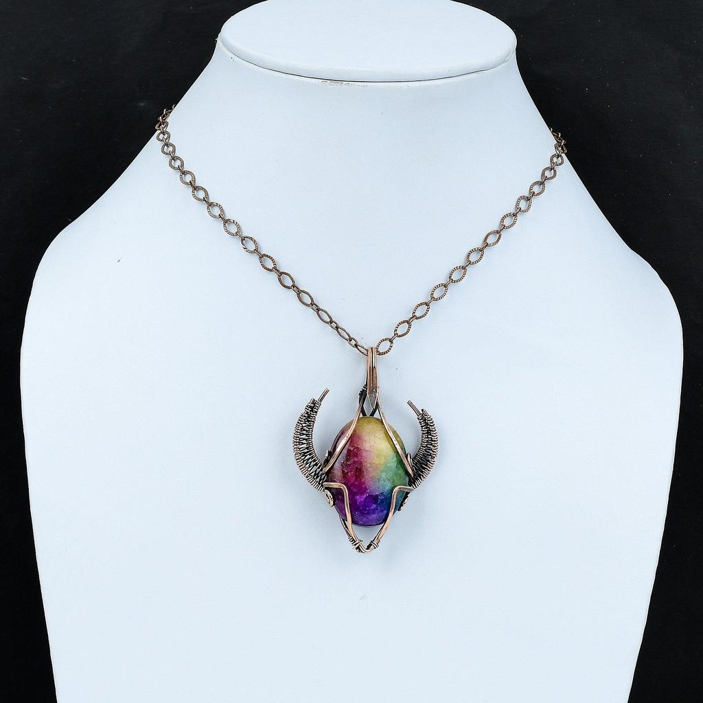 Regenbogen Solarquarz Druzy Anhänger Kupferdraht umwickelter Anhänger Stierkopf Form Anhänger Edelstein Kupferschmuck Handgefertigter Anhänger Geschenk für Mama