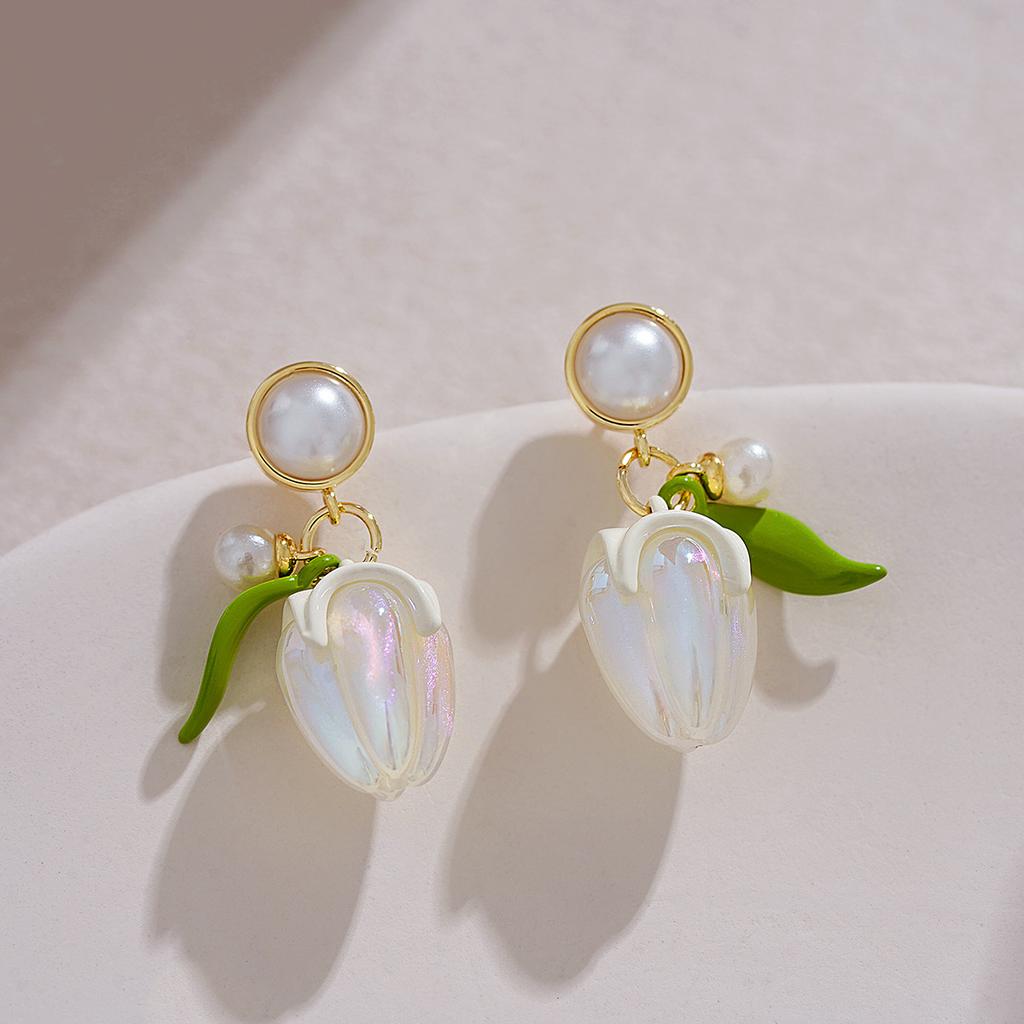 French Romantic Green Flower Asymmetric Tassel Drop Earrings New Design Jewelry for Women's or Girl’s Sweet Ear Accessories
