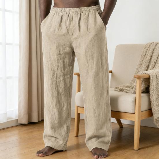 Men Linen Casual Pants Breathable Loose Fit Summer Trousers Solid Color Holiday Pants for Travel Beach Vacation