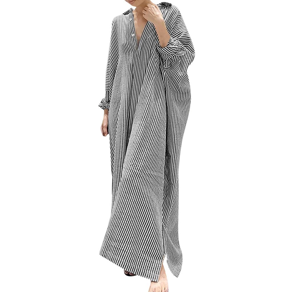 Women's Casual Cotton And Linen Striped Cardigan Loose Temperament Irregular Shirt Dress