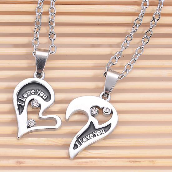 1 Pair Couple Necklace I Love You Rhinestone Inlaid Unisex Heart Shape Pendant Lover Necklace for Anniversary