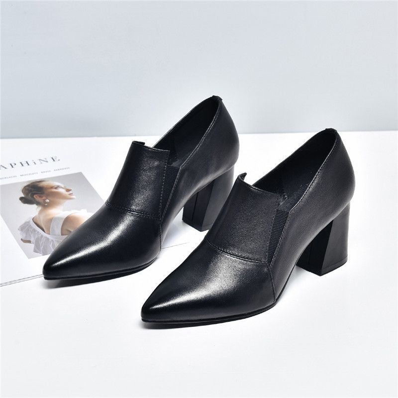 Pointed Thick Heel Single Shoes Women's Spring 2025 New Deep Mouth High Heel Comfortable Simple Versatile Foreign Style Small Leather Shoes Single