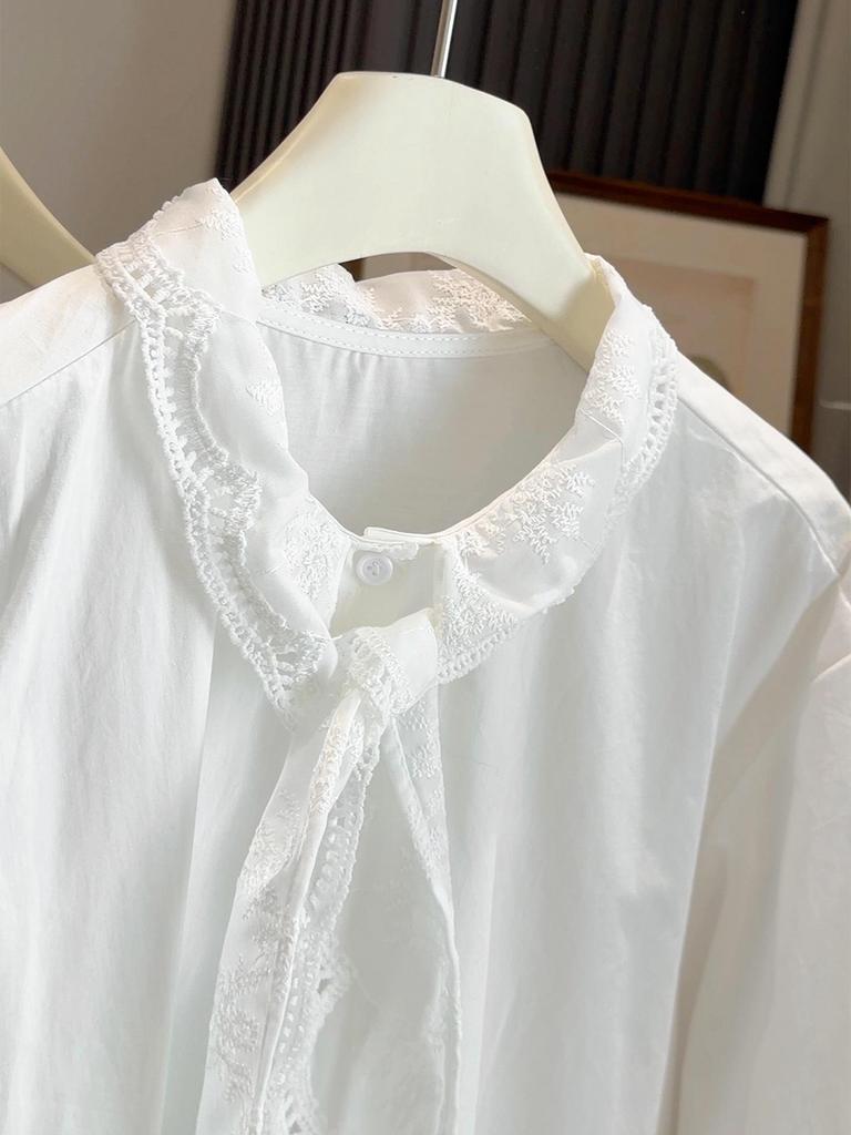 Women's Mid-Length French White Lace Embroidered Tie-up Long-Sleeve Shirt - Spring/Autumn Loose Fit