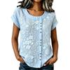 Women Light Blue Floral Embroidery Round Neck Full Button Roll Cuff Short Sleeve Loose Casual Blouse