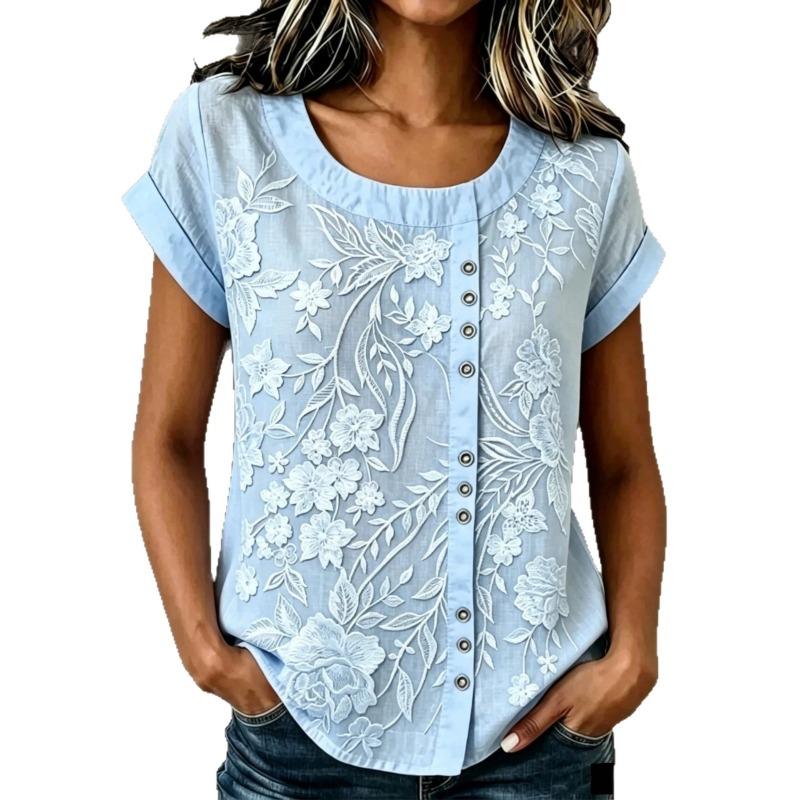 Women Light Blue Floral Embroidery Round Neck Full Button Roll Cuff Short Sleeve Loose Casual Blouse