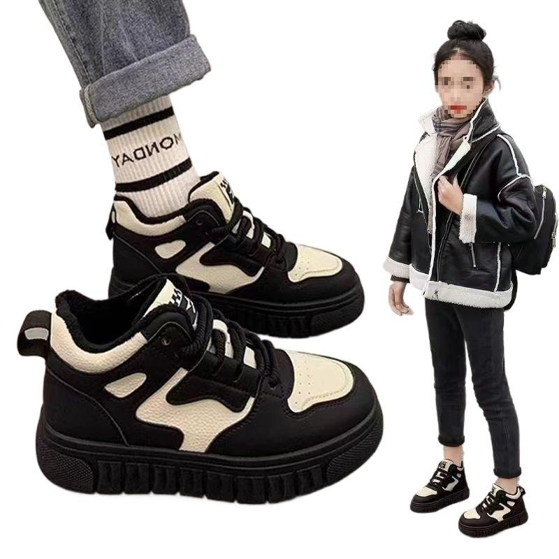 2025 autumn and winter new girls' shoes medium and older children's soft-soled sports shoes girls trendy running shoes fleece non-slip shoes