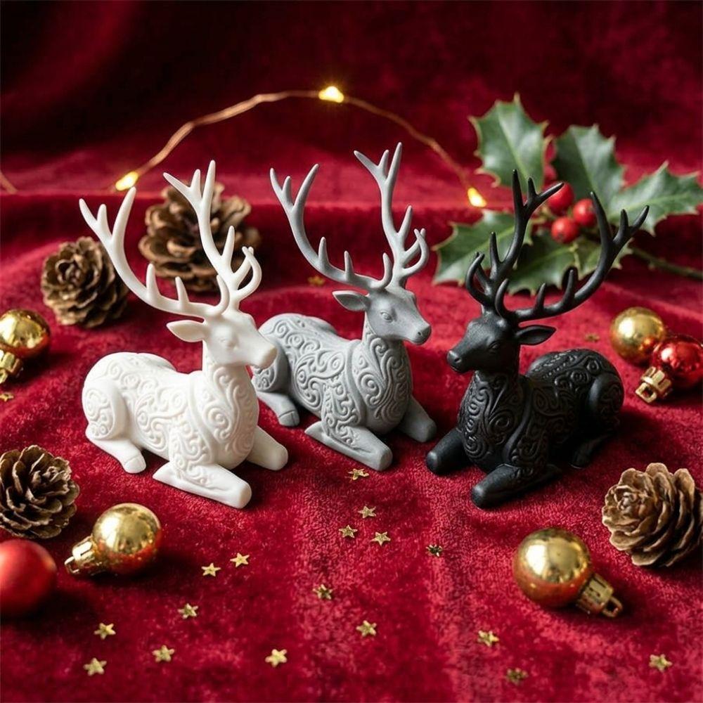 3D Printed Xmas Reindeer Sculpture Lying-Posture Elk Deer Statue Animal Figurine Office Desk