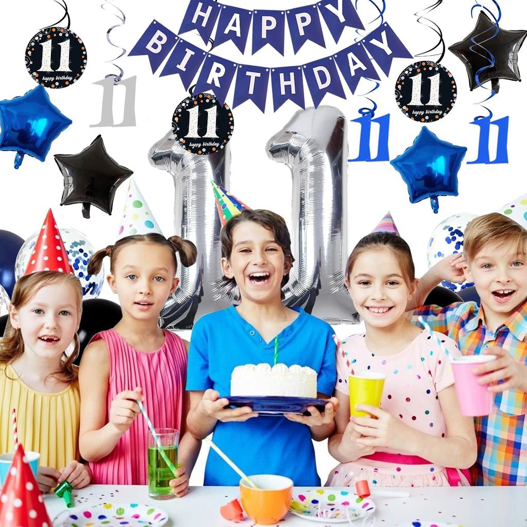 11th Birthday Decorations for Boys Girls - Navy Blue Birthday Decorations For Kids Party Supplies Including HAPPY BIRTHDAY Banner Balloons for