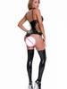 European and American Women Sexy Black Lingerie PU Leather Sheer Mesh Underwear Halter Neck Lace Up Side Bodysuit