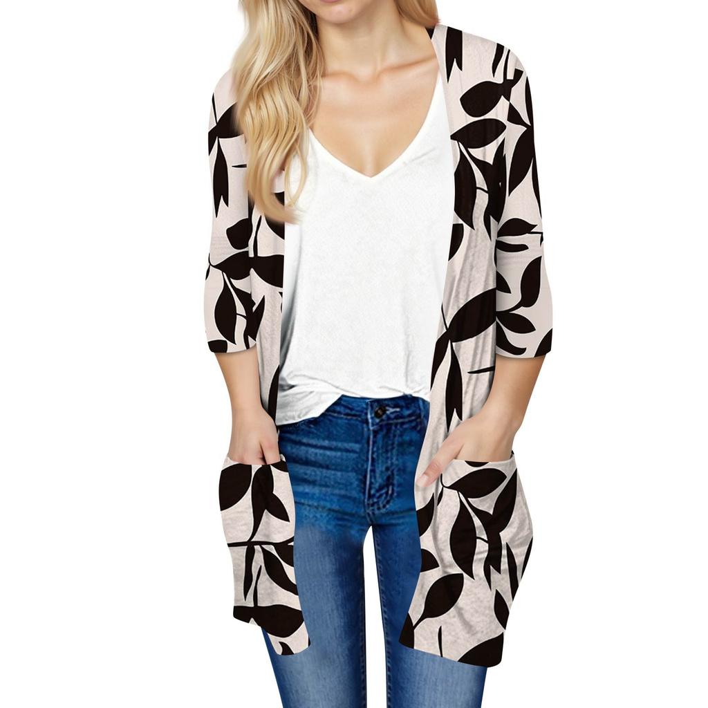 Women's Fashion Loose Casual Pocket Printed Cardigan Seven Sleeve Jacket Top