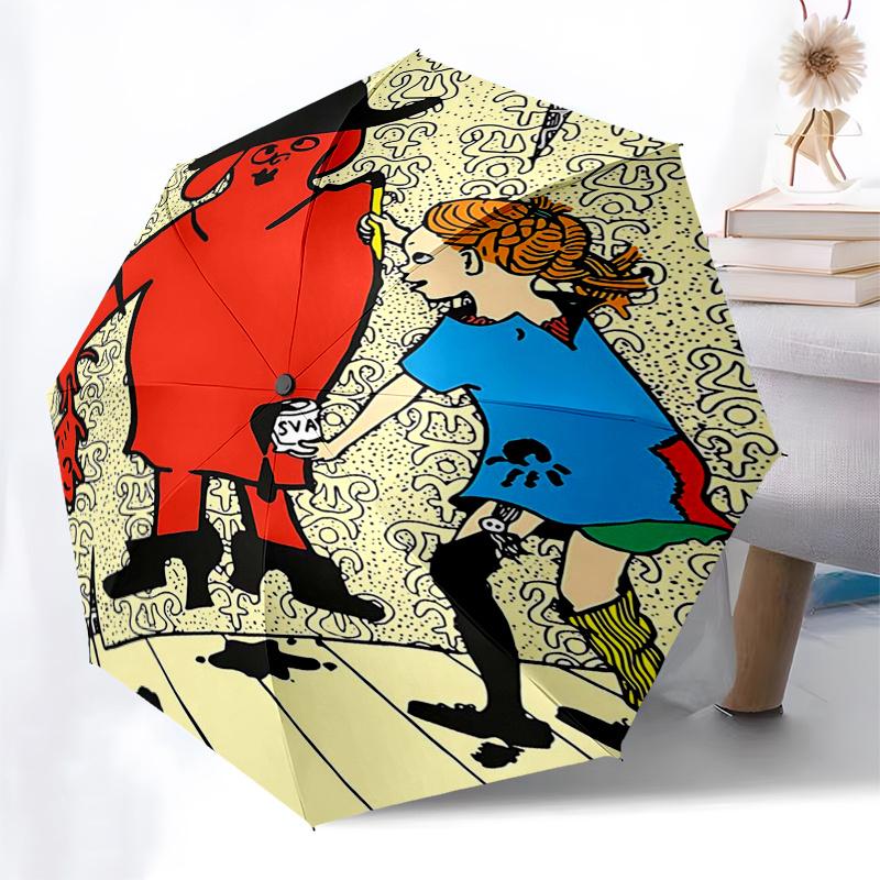 Pippi Longstocking Themed Travel Umbrella-8 Ribs Automatic Opening and Closing, Portable Folding Design, Compact and Stylish Umbrella Suitab