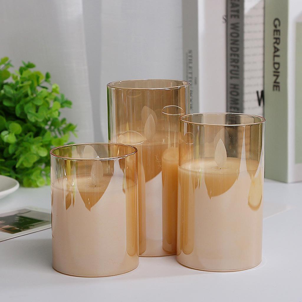 LED Tea-Colored Glass Candle Set with Remote Control and Simulated Flame