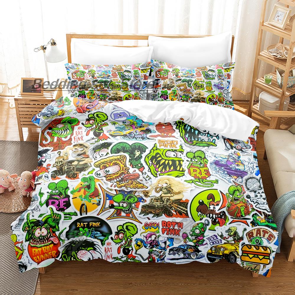 New Rat Fink Bedding Set Single Twin Full Queen King Size Bed Set Aldult Kid Bedroom Duvetcover Sets 3D Anime Bed Sheet Set