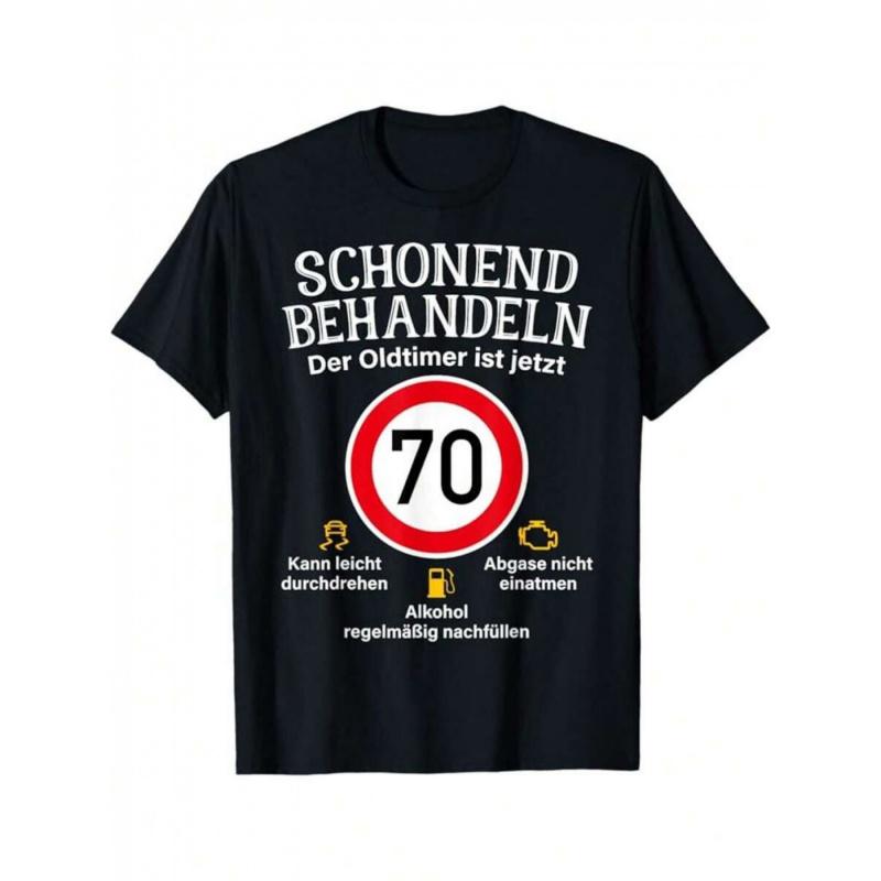 Men's Funny German 70th Birthday T-Shirt - 70 Kmh Speed Limit Sign with German Text - Humorous 70 Year Driver Novelty Gift for German Culture Fans,