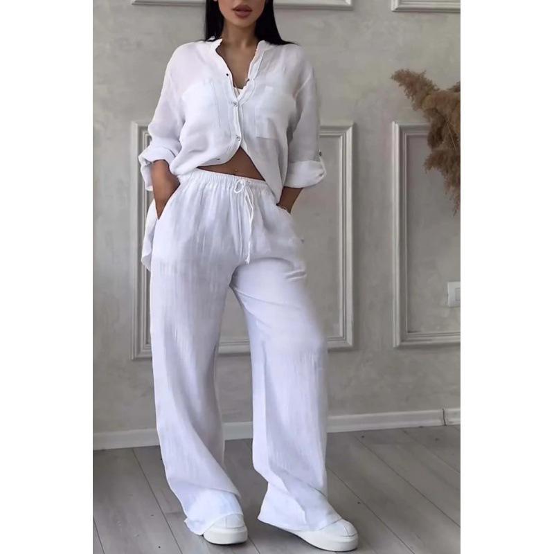 2026 Women's Solid Color Long-Sleeve Shirt & Wide-Leg Pants Set