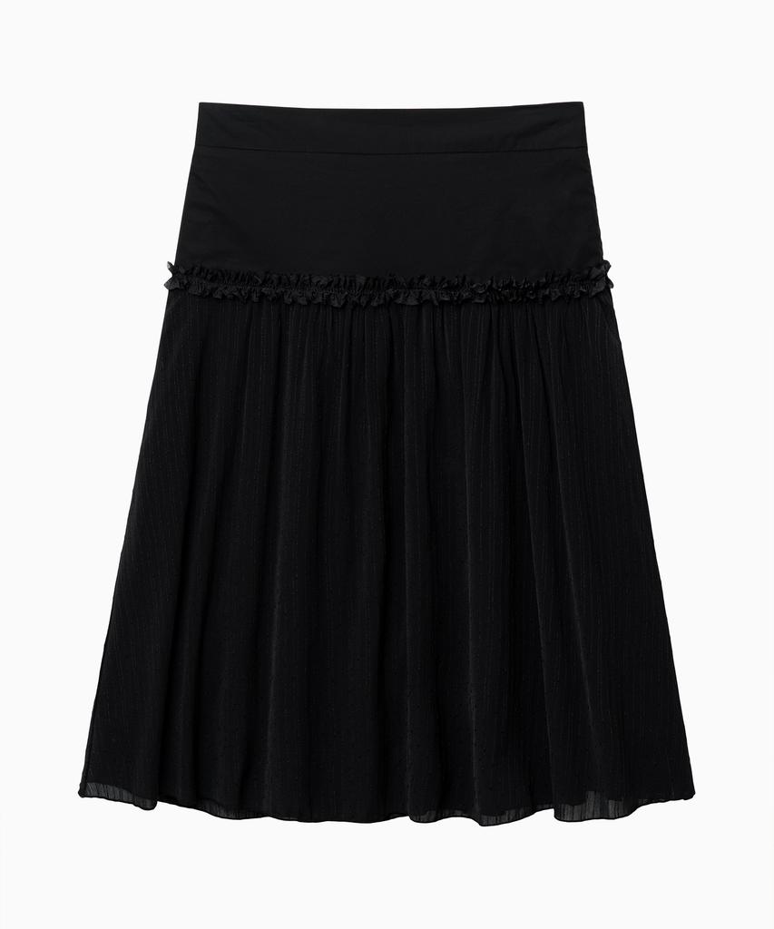 Dilleiopeu Lace-Point Layered Half-Banding Midi Skirt [Black]