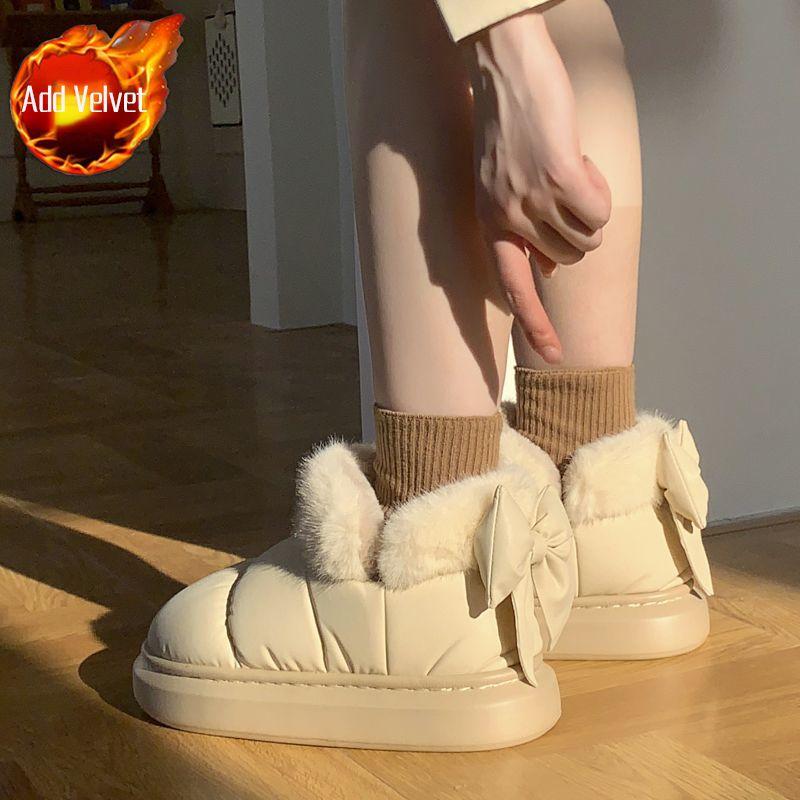 Fashion Kawaii Bow Round Toe Plush Snow Boots for Women Winter Chunky Woman Shoes 2025 Novelty Trend Y2k Furry Chic and Elegant Footwear
