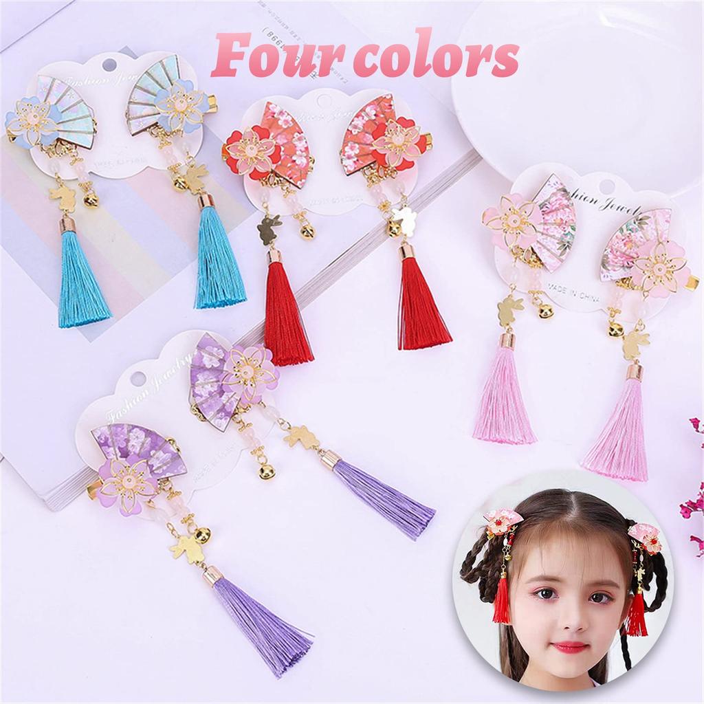 Fan Hair Ornament with Tassel and Flower Design, Hair Clip, Chinese Style, Hanfu, Yukata, Kimono, Hair Accessory, Headpiece, Children's Hair