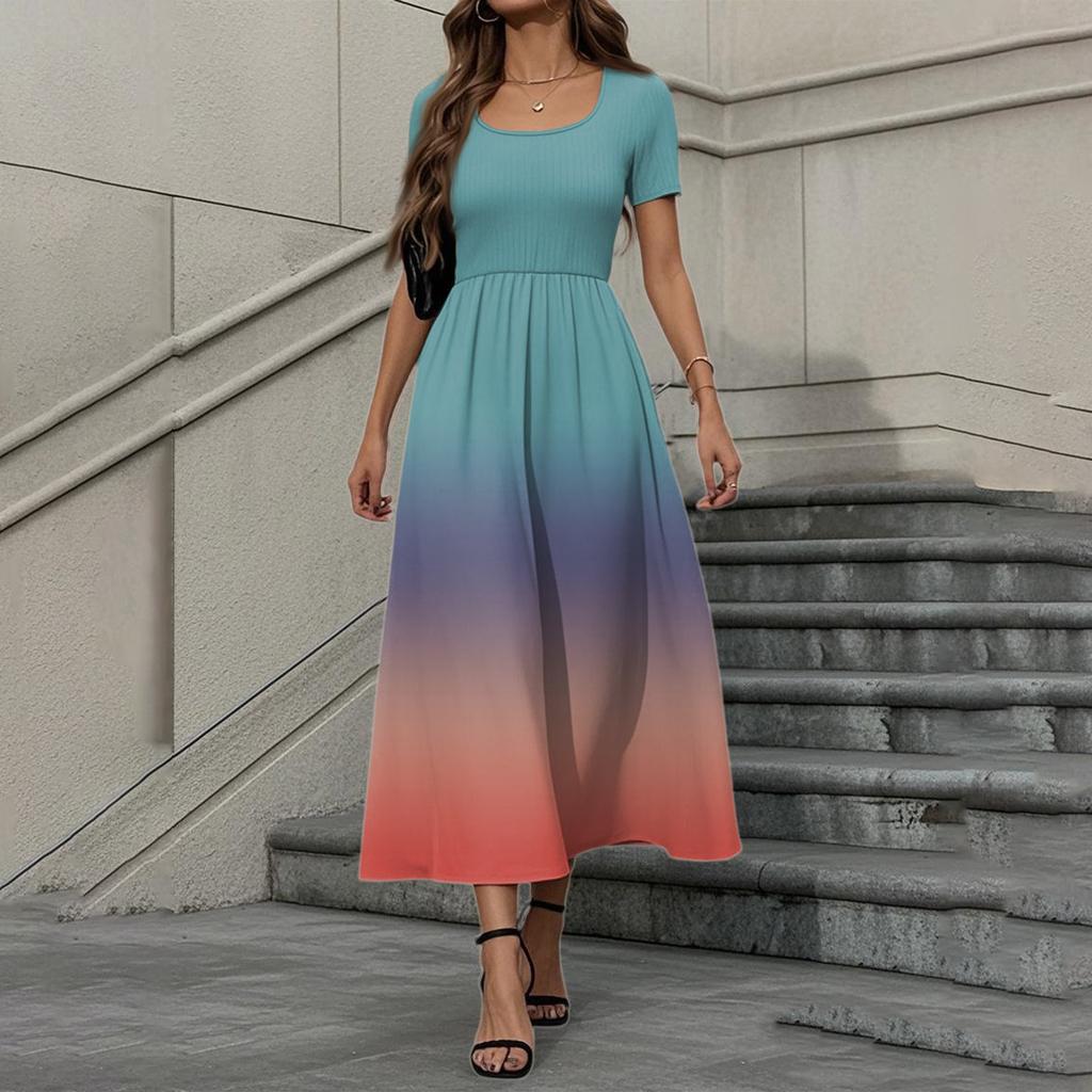 Women's Fashion Casual Short Sleeve Round Neck Splicing Gradient Elegant Temperament Dress