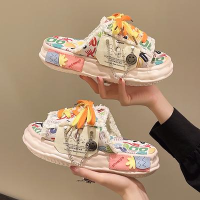 Fashion Design Summer Women Graffiti Slippers Platform Shoes Mules Flip Flops Street Sandals Clogs Flat Casual Shoes For Female