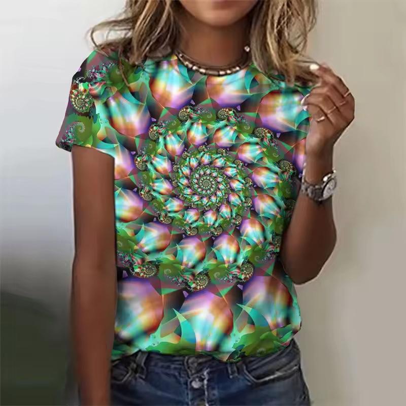 3D Printed Color Rotating Pattern T-shirts Summer Retro Loose Round Neck Short Sleeved Women's T-shirts
