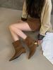2025 autumn new retro low-heeled Maillard short boots pleated thin pointed pile boots women