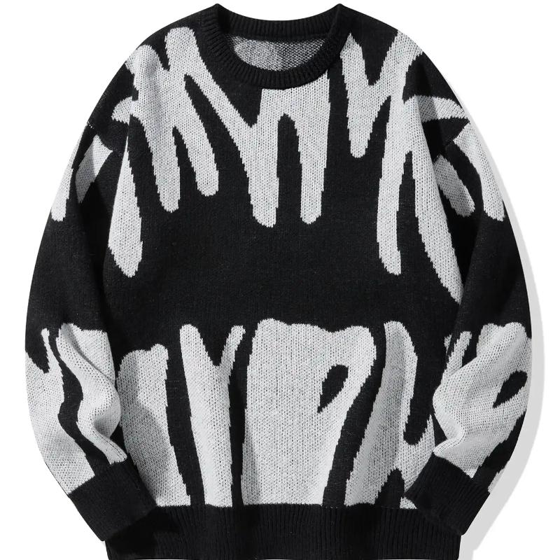 New Popular Autumn Winter Irregular Jacquard Pattern Pullover Sweater Casual Round Neck Contrast Color Knitted Men's Pullover