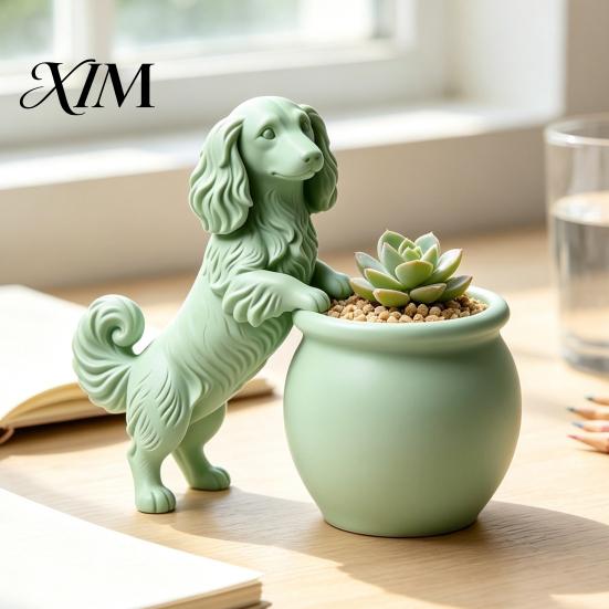 Small Herbaceous Flower Holder 3D Printed Long Haired Dachshund Planter, Cute Dog Flowerpot for Cactus Air Decorative Ceramic Look Pot Plants