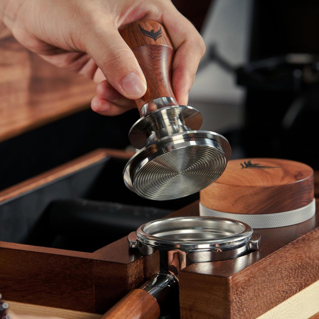 54mm Rosewood Espresso Tamper for Breville Machines. KNODOS Auto-Leveling, Double Spring-Loaded Wooden 30lb Calibrated Coffee Tamper.