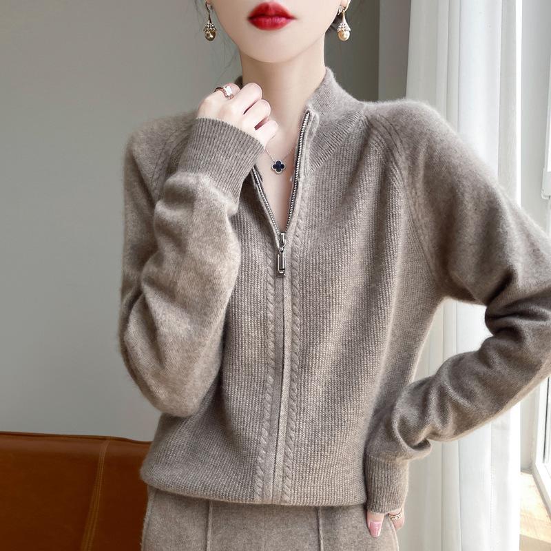 

Women’s European Style 100% Wool Knitted Cardigan – Long-Sleeved Stand-Up Collar Jacket, Zipper Closure, Warm Autumn/Winter Sweater. L