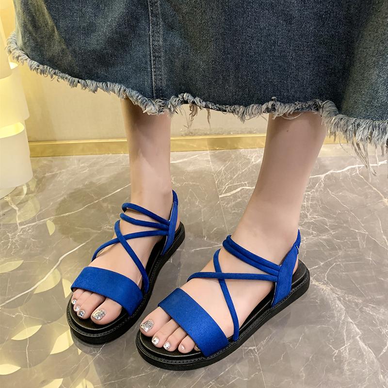 Roman Sandals Women's Summer New Round Toe Open Toe Thin Strap Soft Sole Non-slip Wear-resistant Flat Beach Shoes