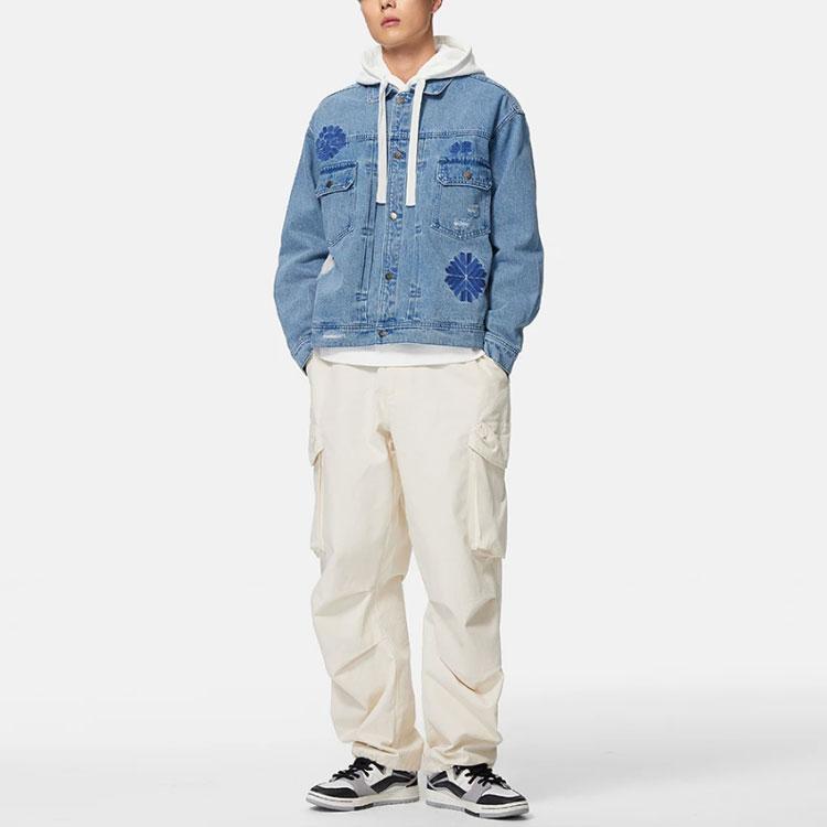 Li-Ning Sports Life Floral Chinese Character Embroidered Washed Denim Jacket Men Outerwear Blue AJDS337-1