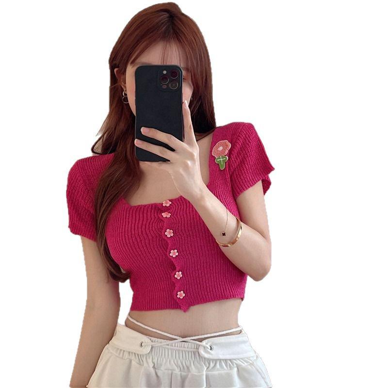 Women's Summer 2025 Knitted Short-Sleeve T-Shirt - New Design with Sweet and Spicy Style, Square Neck, Pure Charm Top.