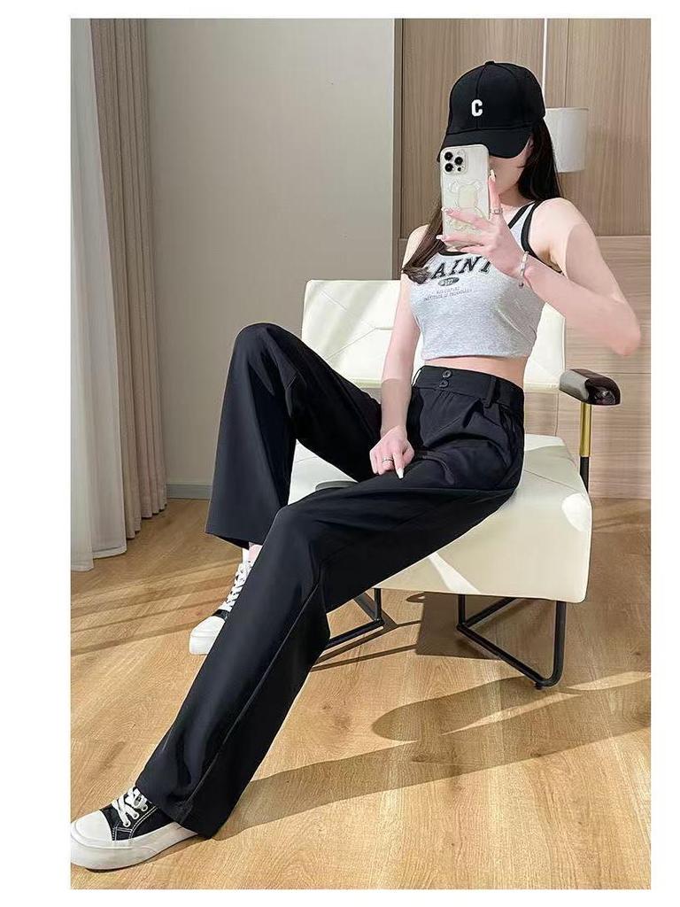Summer High-Waisted Pleated Ice Silk Straight-Leg Tummy Control Pants - Women's Quick-Drying Fashion Suit Pants