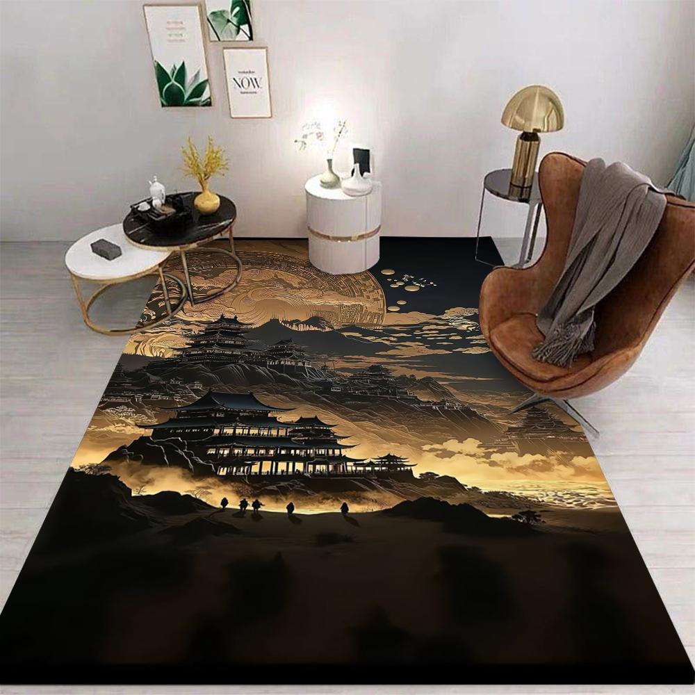 Chinese Art Style Carpet Golden Mountain Waterfall River Moonlit Forest Auspicious Cloud Patterns Rug For Living Room Decor