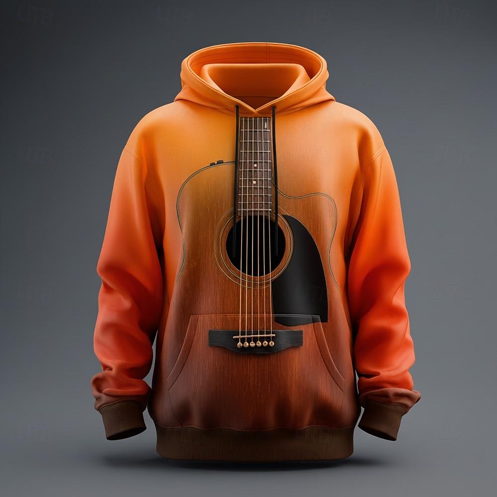 Men's Optical Illusion Guitar Hoodie Sweatshirt Fashion Cool Crew Neck Home Party Streetwear Red Orange Drawstring Fall Winter Designer