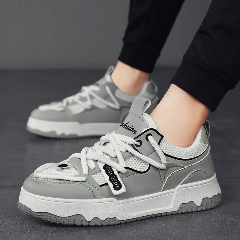 Men'S Shoes Leather Splicing Mesh Breathable Board Shoes Cross Strap Low Top Men'S Casual Sports Shoes