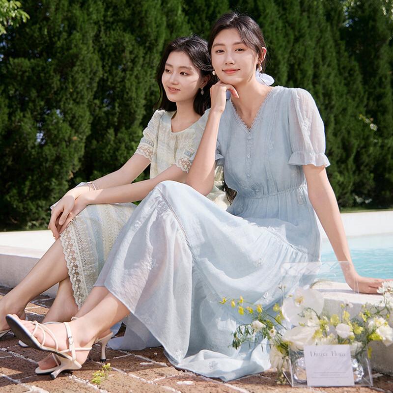 Xiangying Women's V-Neck Lyocell Tencel A-Line Midi Dress