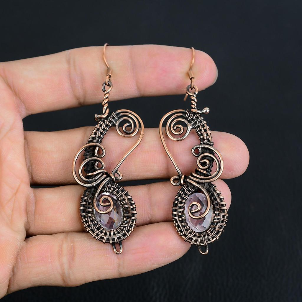 White Topaz 999 Copper Wire Wrapped Earrings, Handmade Gemstone Jewelry Earrings For Memorial Day