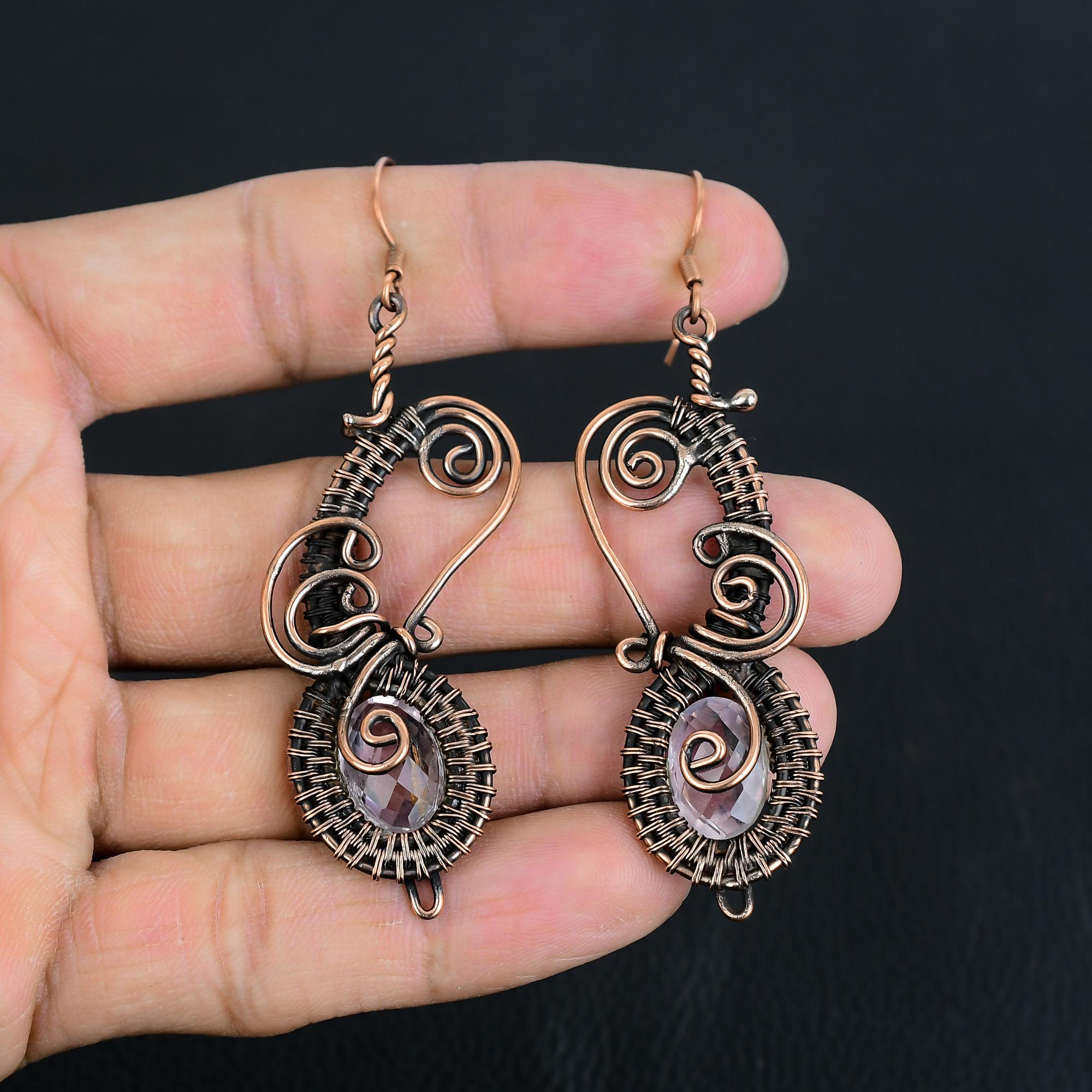 

Серьги с белым топазом, обернутые медной проволокой 999 пробы, серьги с драгоценными камнями ручной работы ко Дню памяти