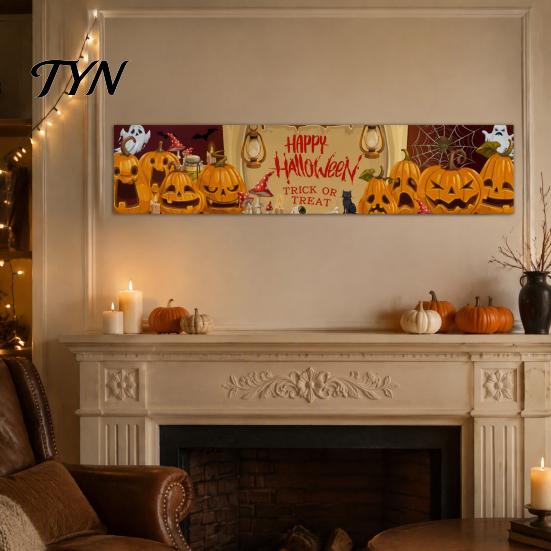 Indoor Outdoor Hanging Banner Large Happy Halloween for Outside, 70 x 15 Inch Yard Sign Front Porch Decor Flag, Spooky Welcome Garden Fence Home Party