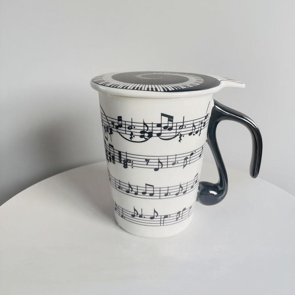 Irregular Shaped Ceramic Mug with Musical Notes and Lid - Gift or Advertising Cup