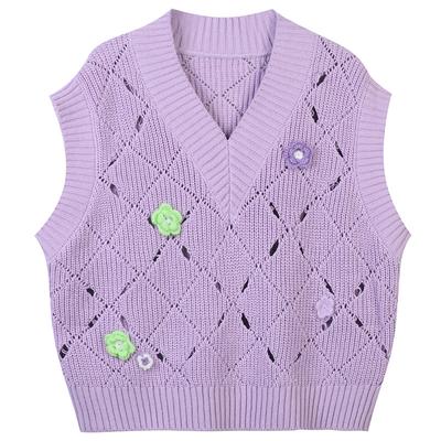 Knitted Floral Crochet Vest Women Hollow Out Sleeveless Tops Colorful Crochet Pullover Casual V Neck Knitwear C-242