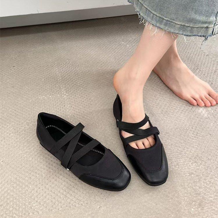 Shallow Mouth Flat Bottom Square Head Single Shoes Women's 2025 Summer New Cross Strap Ballet Shoes French Versatile Mary Jane Shoes
