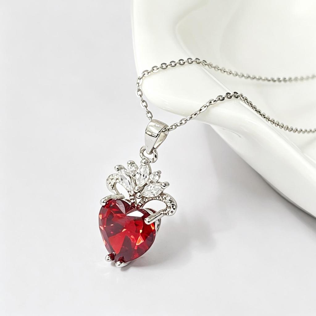 S925 Sterling Silver Crown Heart Necklace with Ruby Peach Pendant
