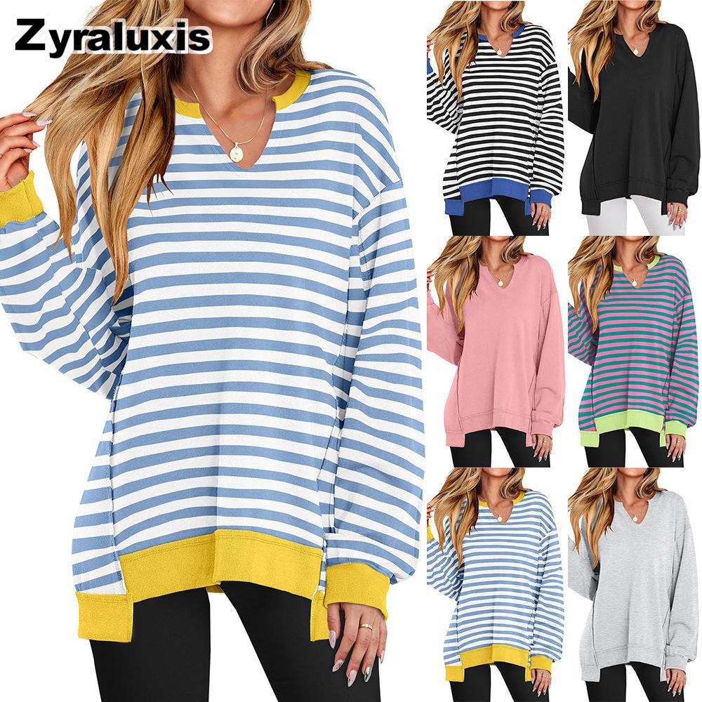 Fall New Arrivals Colorful Striped V-Neck Loose Fit Sweatshirt Women's