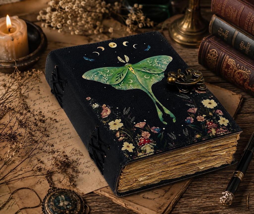 Hindro Księga Czarów Dziennik Cieni z Zamkiem Vintage Ręcznie Robiony Ćma Księżycowa Motyl Morpho Magia Pogańska Wiccański Codzienne Użycie x 5 Zapięcie, Skóra, Nadruk,