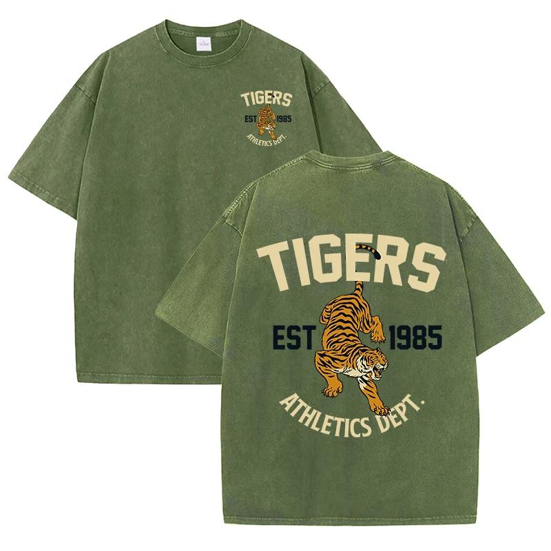 T-shirt Lavata Stampa Tiger Sportiva Forte Donna Estate Comoda Maglietta Lavata Casual Abbigliamento Corto Morbido Cotone Abbigliamento Unisex