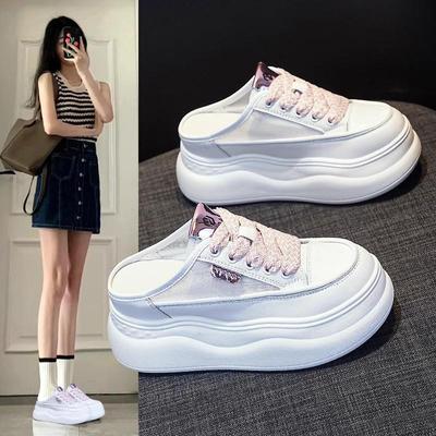Lazy Thick-bottomed Muffin Heightening Baotou Half Slippers Women's Little White Outer Wear Fashion 2025 Summer New Mesh Small Man